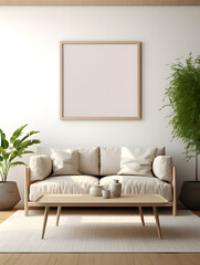 Blank poster frame template mockup in a cozy living room background with a comfortable sofa, vertical image