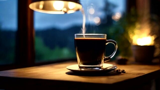 A cup of coffee on the wooden table with beautiful view of nature and the night sky. Seamless looping time-lapse 4k animation video background