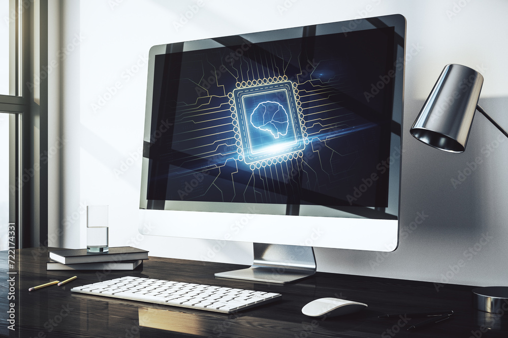 Poster modern computer monitor with creative artificial intelligence symbol. neural networks and machine le