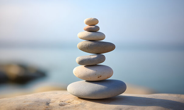 A close-up of stacked stones by the lake, depicting a Zen and yoga concept