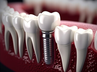 A 3D rendered conceptual illustration showing the cross-section of a dental implant procedure