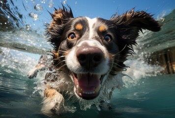 A majestic collie gracefully glides through the cool, crystal clear waters, embodying the perfect balance of strength and grace as a loyal and beloved companion to its human