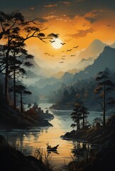 An ethereal landscape painted with vibrant hues of a fiery sunset, as birds soar over a serene river surrounded by towering trees and misty mountains