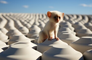 A curious mammal gazes at the vast sky from atop a pristine white platform, grounded yet yearning for something beyond