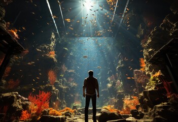 A lone explorer stands in awe as he gazes upon a mesmerizing underwater world, where the night sky...