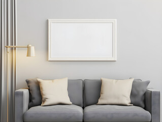 Blank poster frame template mockup in a cozy living room background with a comfortable sofa