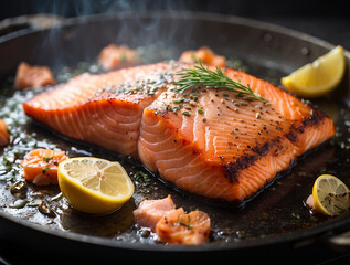 A majestic salmon, its scales glistening in the heat of the pan, sizzling and crackling as it cooks...
