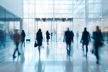abstract business people walking in the lobby of a modern office building