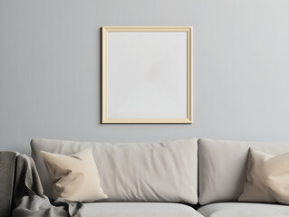 Blank poster frame template mockup in a cozy living room background with a comfortable sofa