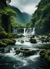 Nature's tranquil beauty, a cascading waterfall nestled in a lush forest of trees, flows with the majestic power of a mountain river through a peaceful valley