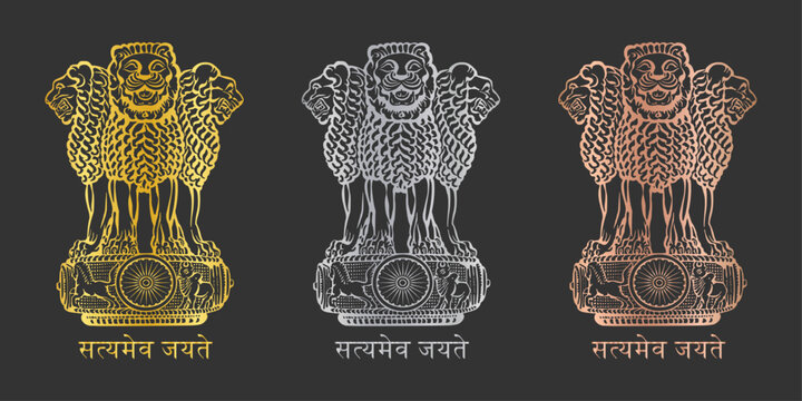 Ashok Piller Satyameva Jayate symbol icon set. Emblem of India. Ashok Stambh symbol in gold, silver and bronze color isolated on black background.