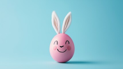 Easter pink egg with rabbit ears and a cute smiley face on a blue background