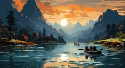 As the sun sets over the tranquil lake, a group of adventurers paddles through the majestic landscape, surrounded by towering trees and distant mountains, their canoe gliding gracefully on the rippli - obrazy, fototapety, plakaty