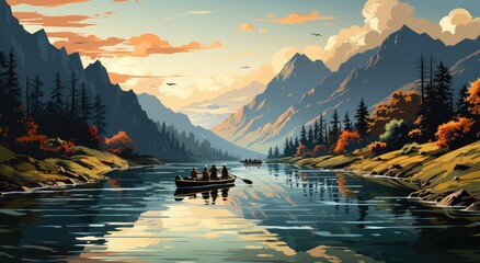 As the sun sets behind the rugged mountains, a group of friends peacefully glide down the tranquil river in their boat, surrounded by the majestic landscape of trees and ravines, capturing the beauty