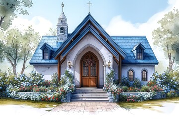Sketch of a cute wedding chapel with a heart-shaped entrance