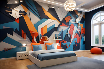 bedroom with a geometric wall