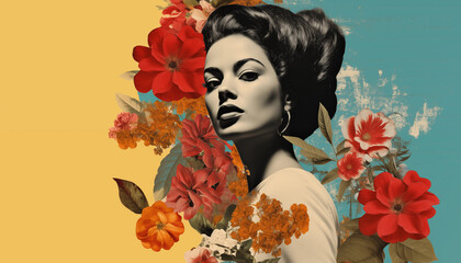 Stylish collage design Young woman with beautiful flowers on a yellow-blue background.