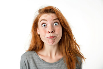 Naklejka premium girl grimacing. WTF! Head shot portrait of shocked frustrated woman. portrait of young woman grimacing. Young brunette woman standing over white background puffing cheeks with funny face. mouth inflat