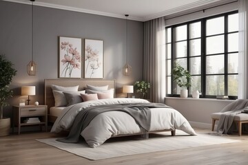 Fototapeta na wymiar Interior design of cozy bedroom at home