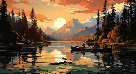 Fototapeta na wymiar Amidst the serene beauty of a sunset sky and mirrored mountains, two adventurers paddle through the peaceful waters of a lake, enveloped by the splendor of nature's canvas