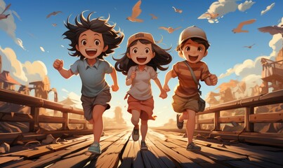 Against a bright sky filled with fluffy clouds, a group of lively kids dash across a bridge, their colorful clothing and playful energy captured in a whimsical cartoon animation reminiscent of classi