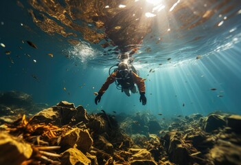 An aquanaut gracefully navigates the underwater world, surrounded by vibrant fish and towering rocks, with their trusty diving equipment and oxygen mask as their guide through the mesmerizing reef