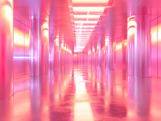Futuristic pink large lobby and corridor with neon lights and reflections. 3d rendering