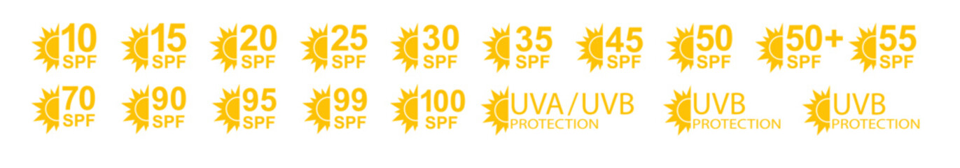 SPF 50 icon. Sun protection for skin. UVA UVB sunscreen protection. SPF icon for or skin cosmetics packaging. Vector