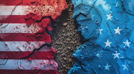 Cracked USA Flag on Rock, Divison Symbolism, Generative AI