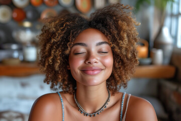 Happy young African woman at home, portrait of black girl with beautiful face