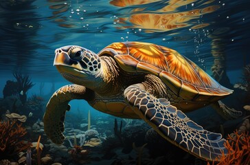 A majestic sea turtle gracefully glides through the crystal clear waters, its smooth reptilian skin blending with the vibrant reef as it navigates its underwater home