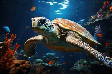 A majestic sea turtle glides through the crystal clear water, surrounded by vibrant coral and curious marine life, showcasing the beauty and diversity of our underwater world