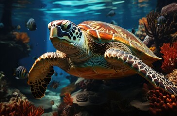 Fototapeta premium Graceful sea turtle glides through the vibrant reef, showcasing the wonders of marine biology and the beauty of underwater life