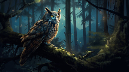 Ilustration of a Owl (Strigiformes) in a forest