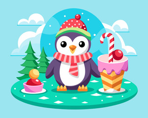 a penguin enjoying ice cream on an ice floe,