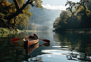 A lone canoe glides peacefully through the misty lake, surrounded by towering trees and reflecting the serene sky above, a symbol of tranquil outdoor transport on the calm waterway