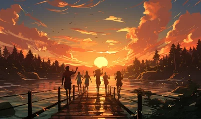 Cercles muraux Brique A group of friends take a peaceful evening stroll on the dock, surrounded by the stunning sky and lush trees as the sun sets and the afterglow fills the landscape with warmth and beauty