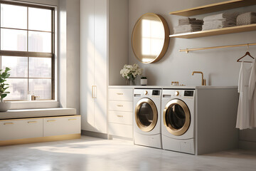 Laundry room with sleek minimalist cabinet - obrazy, fototapety, plakaty