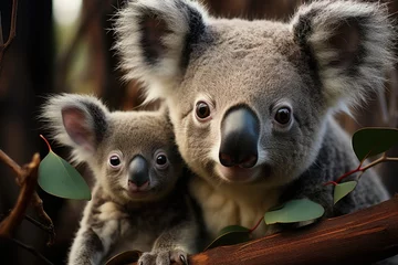 Foto op Plexiglas A mother koala cuddles her baby tightly on a tree branch, their fuzzy fur blending into the natural surroundings as they peacefully observe the wild outdoors © LifeMedia