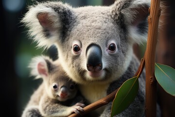 Obraz premium A peaceful scene of maternal love, as a marsupial mother and her snuggled baby koala cling to a lush green branch in the great outdoors