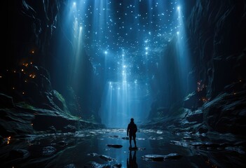 A solitary figure stands in the darkness of a cave, illuminated by beams of light that filter through the wintry night, blending the raw beauty of nature with the eerie glow of man-made illumination - obrazy, fototapety, plakaty