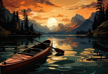 As the sun sets behind the majestic mountains, a lone canoe glides peacefully across the tranquil lake, serving as a symbol of freedom and adventure in the great outdoors