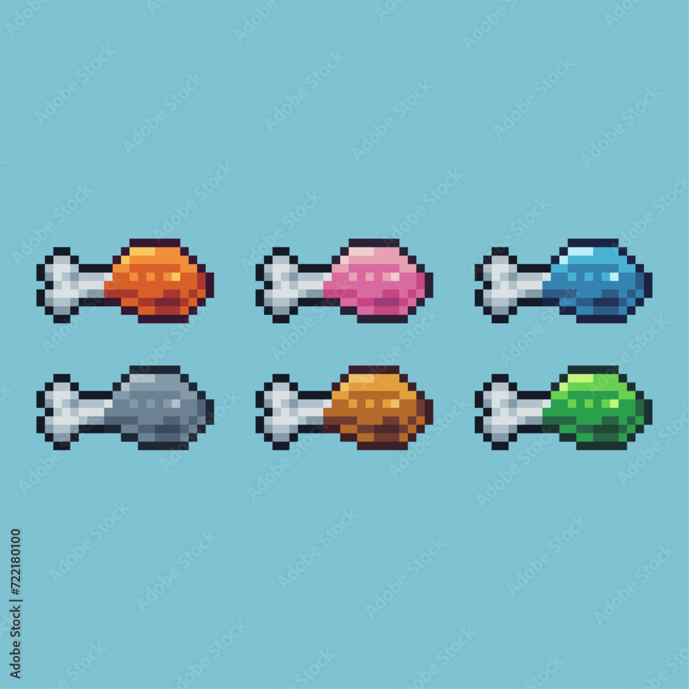 Poster pixel art sets icon of raw meat variation color. meat icon on pixelated style. 8bits perfect for gam