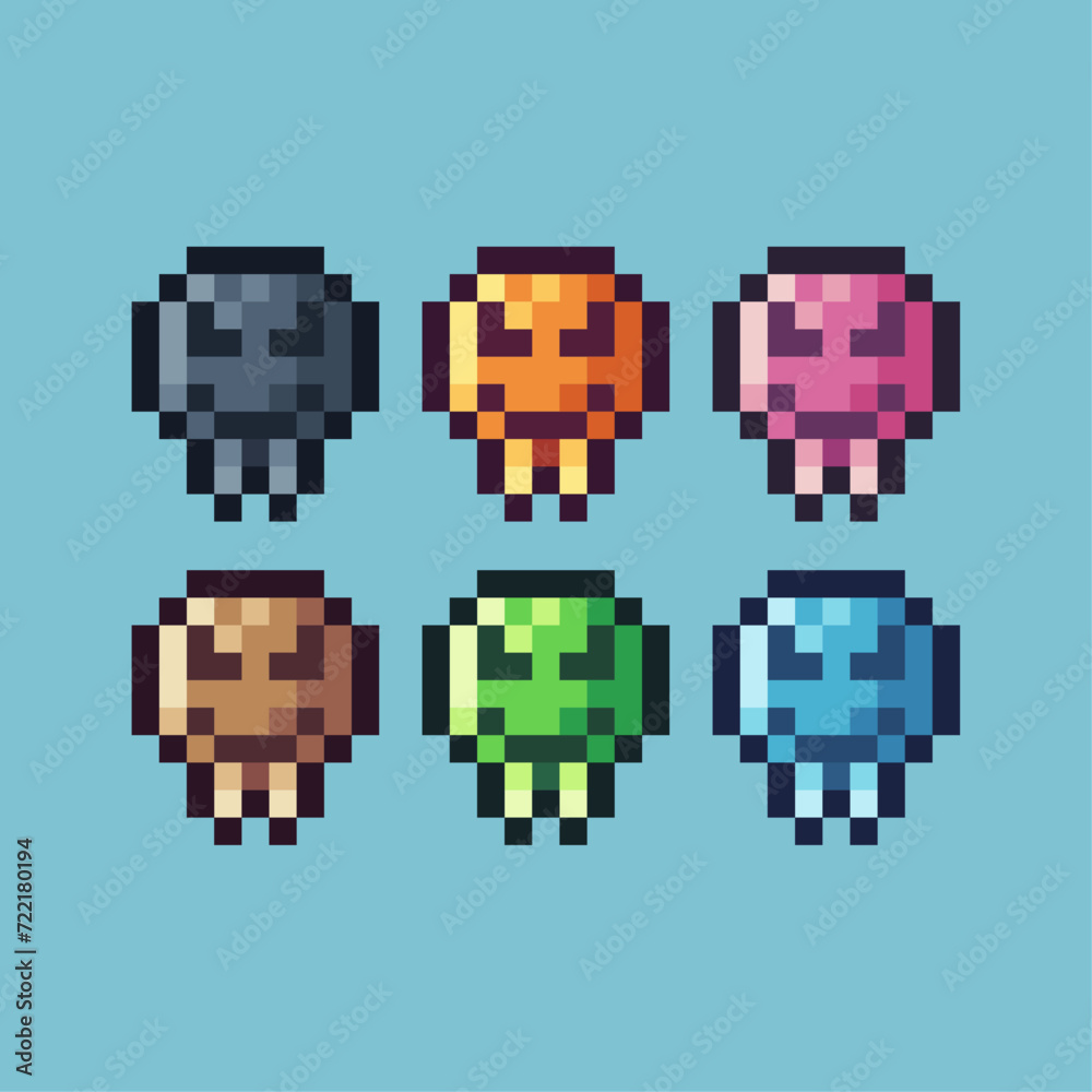 Poster Pixel art sets icon of ghost emoticon variation color. ghost icon on pixelated style. 8bits perfect for game asset or design asset element for your game design. Simple pixel art icon asset.