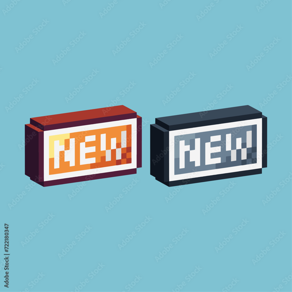 Poster isometric pixel art 3d of new button icon for items asset. new button icon on pixelated style.8bits 