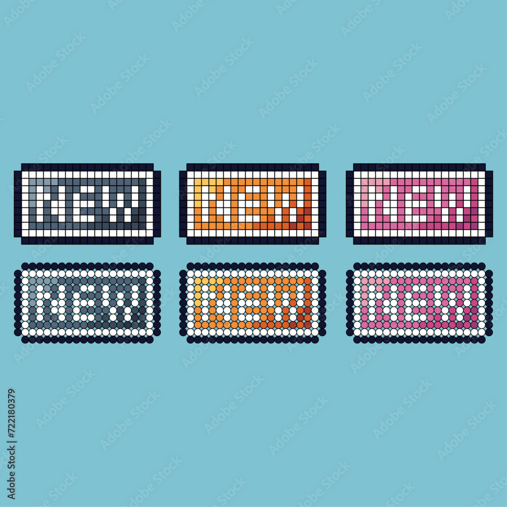 Poster pixel art stroke sets icon of new button variation color. new button icon on pixelated style. 8bits 