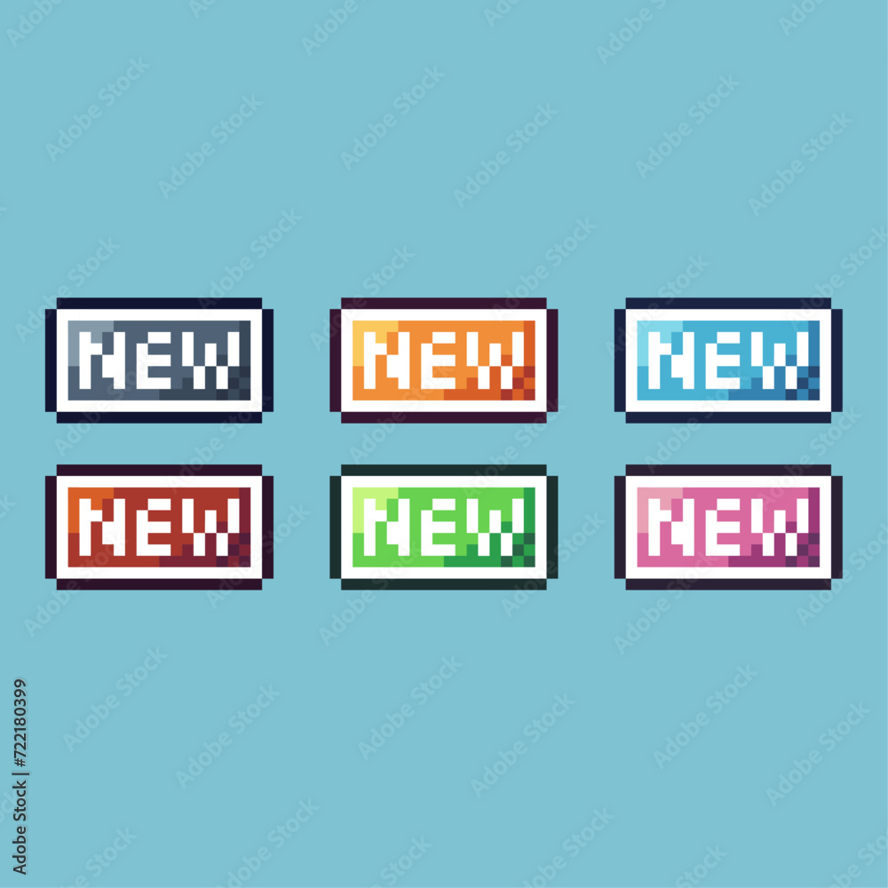 Poster pixel art sets icon of new button variation color. new button icon on pixelated style. 8bits perfect