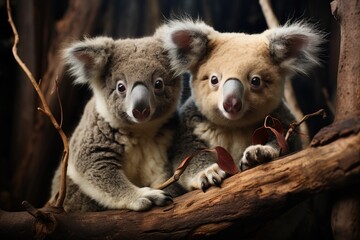 Two marsupial mammals, with fuzzy fur and curious snouts, perch on a wooden branch in the wild, showcasing the natural beauty of these terrestrial animals