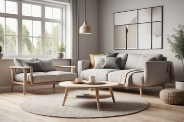Scandinavian home interior design of modern living room in farmhouse