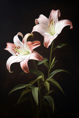 beautiful lily flowers on a dark background. oil painting canvas.